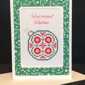 Warmest Wishes -  Hand stitched finished counted cross stitch Christmas greeting card