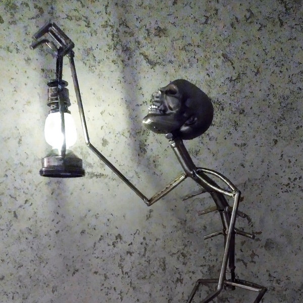 Floor lamp, skeleton, metal skeleton with LED lamp, skeleton lamp, height 70 cm, dwarf with lamp, handmade