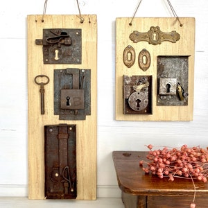 Antique locks 1700s repurposed wall decor on wooden plaque man cave gift for him industrial vintage upcycled wall art