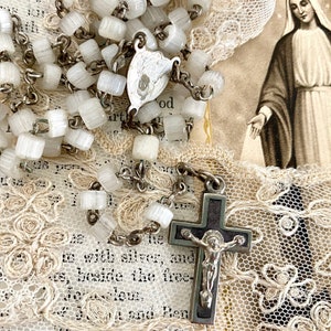 Antique rosary with white glass beads 1920s St. Therese de Lisieux