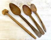 Antique hand carved wood spoons set and butter churner, Vintage kitchenalia, Primitive Kitchen tools, Farmhouse kitchen decor