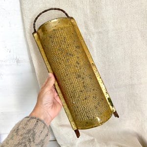 Antique large brass grater 1800s handmade farmhouse kitchen tool with wrought iron handle