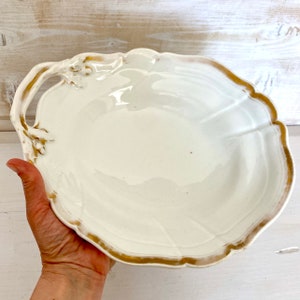 Antique serving bowl porcelain de Paris tray with handle gold rim acorn decor