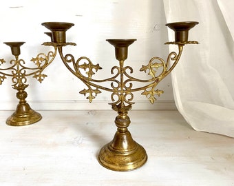 Pair antique candelabra Art Nouveau ornated copper candlesticks set of 2, French antiques centerpiece candle holders