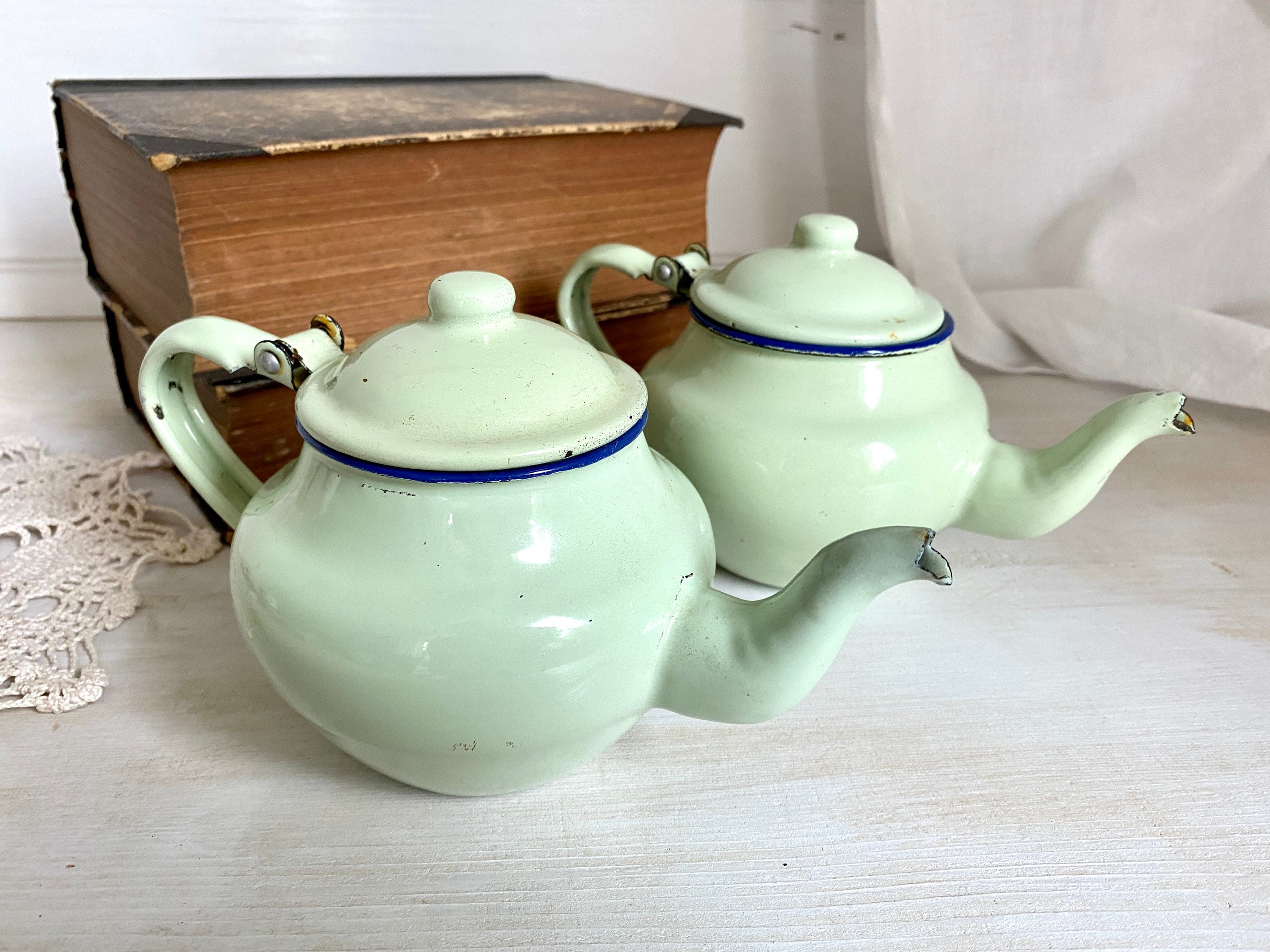 Pair Vintage Enamel Teapots Green and Blue Small Tea Kettle Etsy