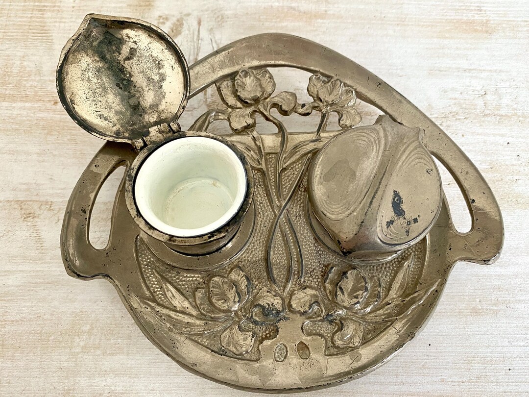 Antique Double Inkwell 1900s Art Nouveau Iris Motif German Jugendstil ...