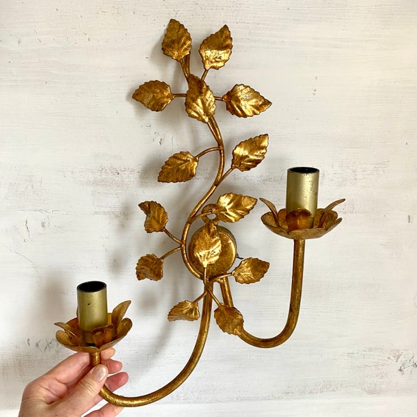 Florentine gilt tole wall lamp 70s Hollywood regency floral sconce vintage Hans Kögl style