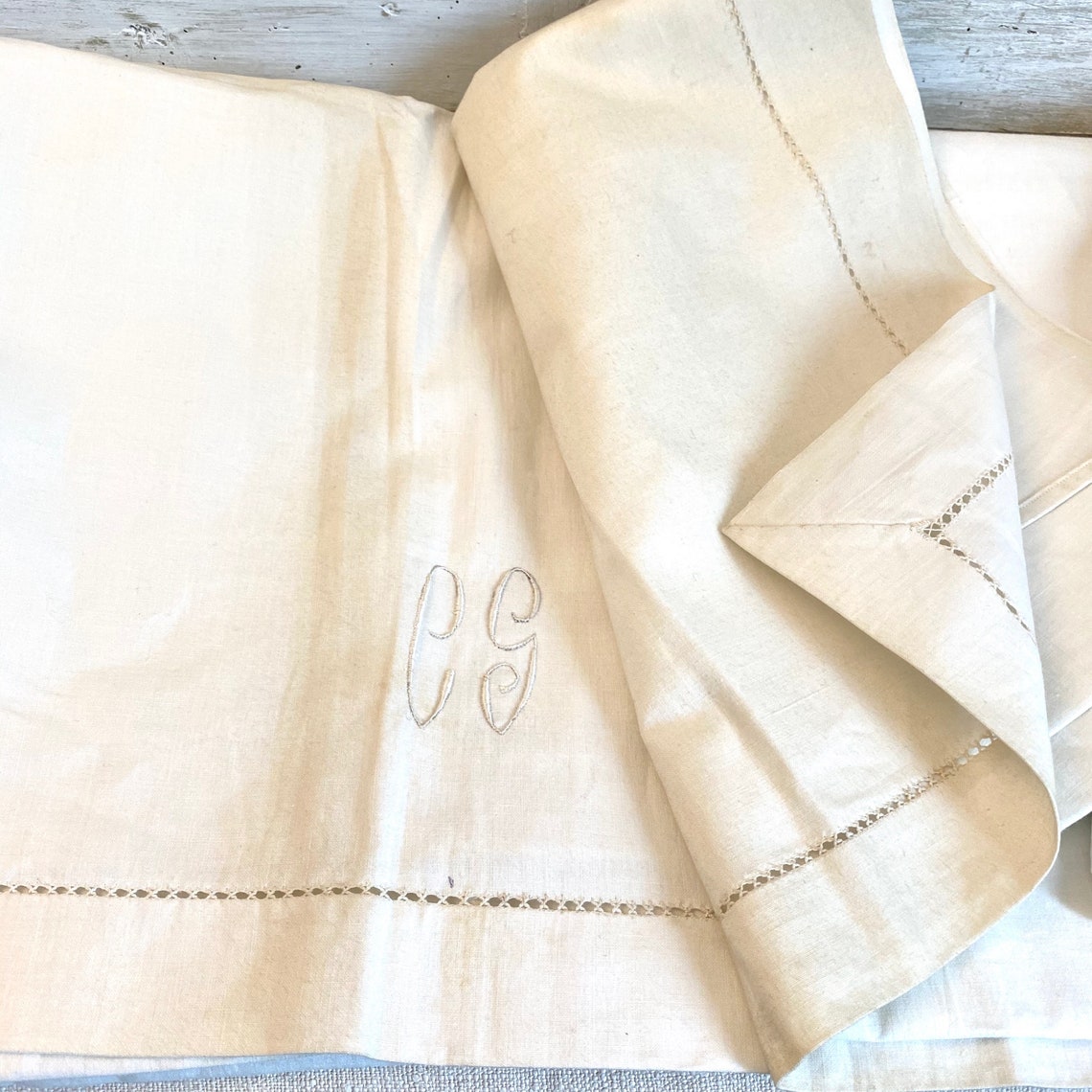 Antique bed sheet vintage bedding white cotton monogram CG Etsy