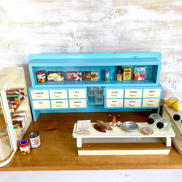 Vintage dollhouse grocery store with accessories 40s 50s German US Zone mid century