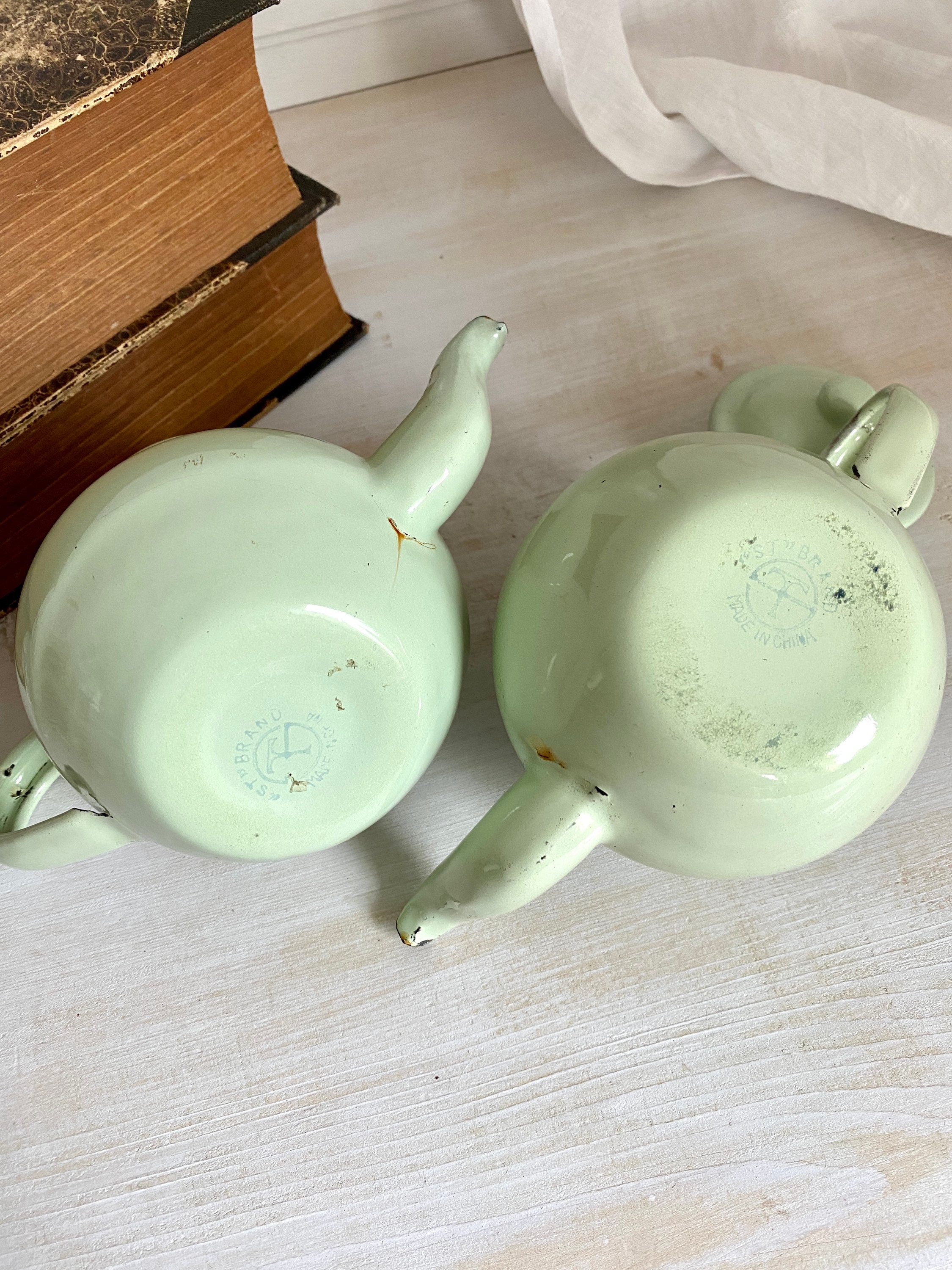 Pair Vintage Enamel Teapots Green and Blue Small Tea Kettle Etsy