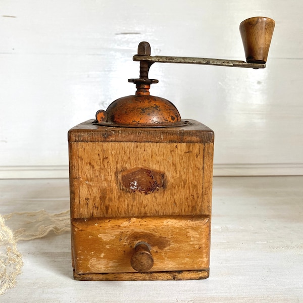 Antique manual coffee grinder vintage wooden coffee mill farmhouse rustic kitchen decor