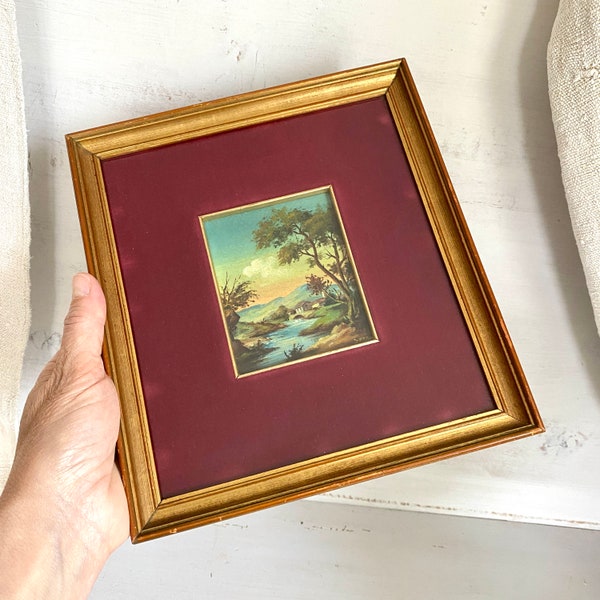 Vintage miniature oil painting landscape framed Italy 1950s