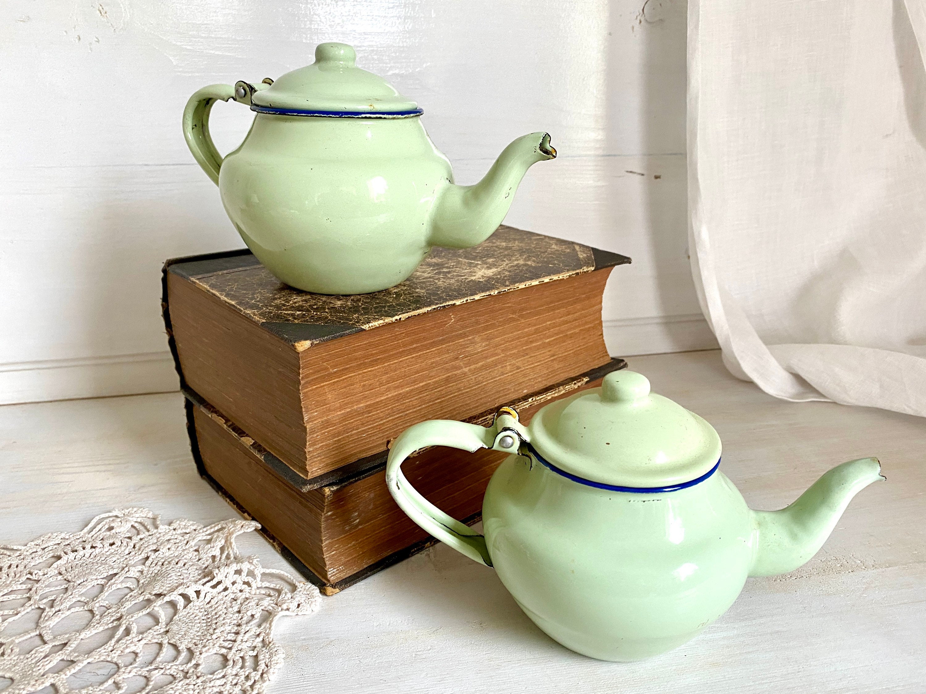 Pair Vintage Enamel Teapots Green and Blue Small Tea Kettle Etsy