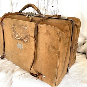 19th C. Victorian Original Double Handled Initialed Leather Portmanteau  Suitcase