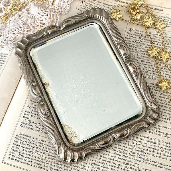 Antique silverplate mirror 1800s small ornate mirror with beveled glass, Victorian dressing table decor