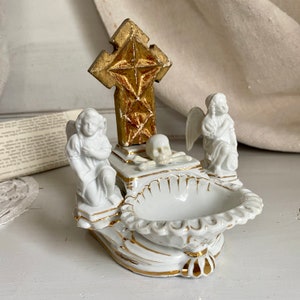 Antique standing holy water font Vieux Paris porcelain 19th century vintage religious Memento Mori bisque angels gilt wood cross