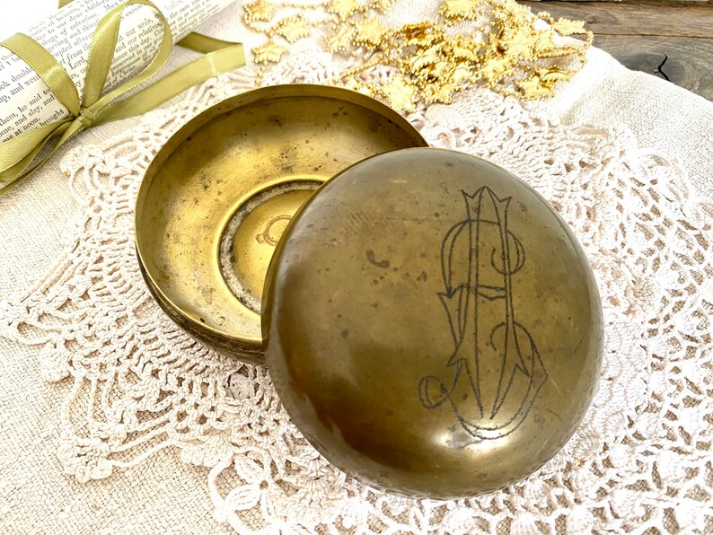 vintage brass box with engraved initials Art Nouveau jewelry box antique dressing table box Antique powder box