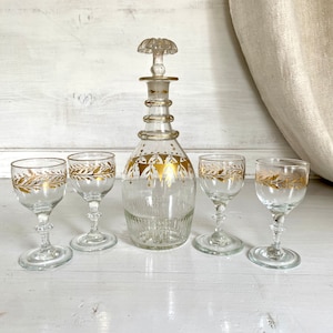 Antique decanter set mid 1800s hand blown glass bottle liqueur cordial stem glasses gold decor