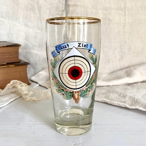 Antiek bierglas jachtglazuur met de hand geschilderd gewei stierenoog doelwit "Gut Ziel" Duitsland begin jaren 1900