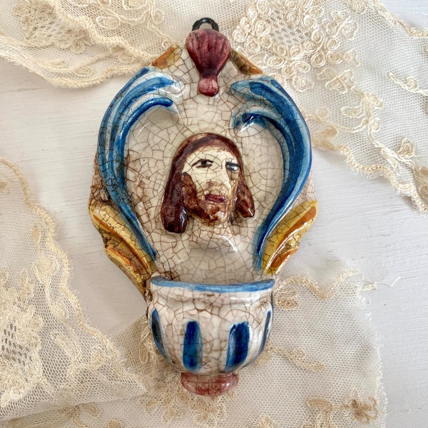 Italian pottery holy water font Jesus Christ Caltagirone vintage handmade ceramic religious wall decor