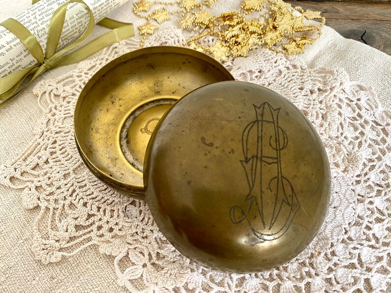 vintage brass box with engraved initials Art Nouveau jewelry box antique dressing table box Antique powder box