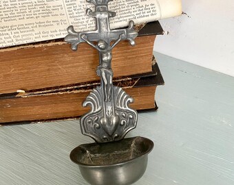Vintage Pewter Holy Water Font 50s: Crucifix Heart Decor, Metten Huy Belgium Touchmarks