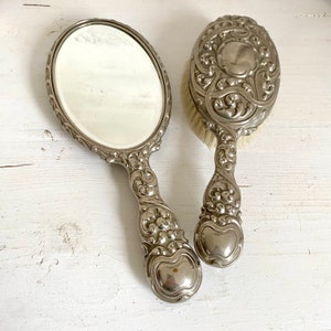 Vintage vanity set 60s hand mirror and hair brush embossed metal victorian dressing table decor