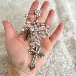 Vintage glass rosary aurora borealis facetet beads large Crucifix catholic jewelry confirmation gift