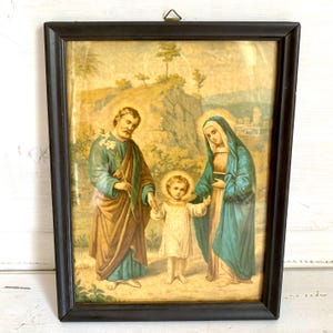 Antique religious print Holy Family 1900s framed cromolithography catholic wall decor in black wood frame