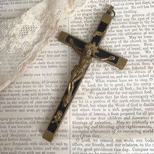 Antique pectoral cross brass nuns crucifix with ebony wood inlaid, vintage religious gift, gothic cross pendant