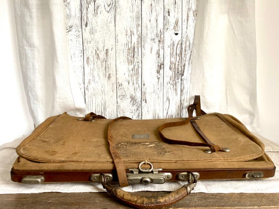 Antique canvas Gladstone bag foldable travel suitcase, 1800s