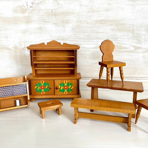 Vintage dollhouse DORA KUHN wooden kitchen furniture dining room miniature German toys