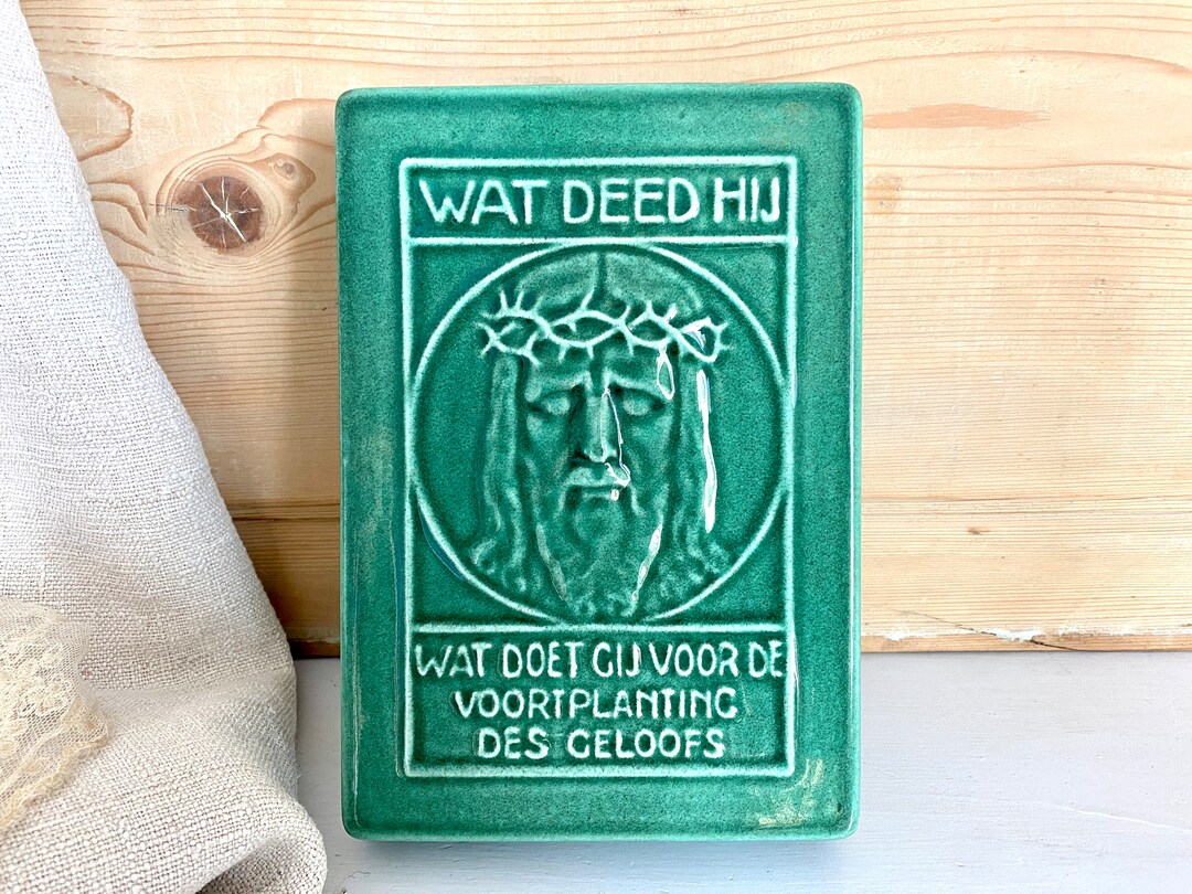 Vintage Ceramic Money Box Jesus Christ Religious Wall Decor Green Dutch