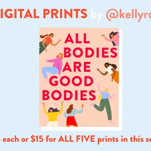 Puede incluir: Cinco impresiones digitales con ilustraciones de mujeres con el texto "ALL BODIES ARE GOOD BODIES" en rojo sobre un fondo melocot&oacute;n.