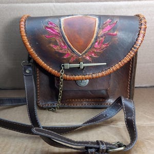 Hand tooled leather shoulder bag / sling bag