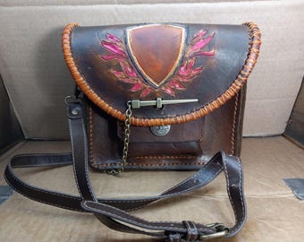 Hand tooled leather shoulder bag / sling bag