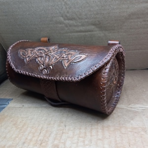 Round leather medieval style belt pouch