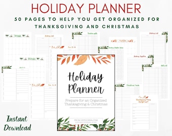May include: A holiday planner with 50 pages to help organize Thanksgiving and Christmas. The cover features the text Holiday Planner, Prepare for an Organized Thanksgiving & Christmas, and From Heydonna.com, decorated with autumn leaves and holly.