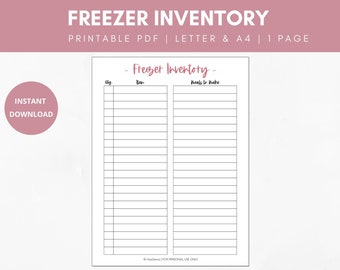 Könnte beinhalten: Ein druckbares Gefrierschrank-Inventarblatt mit einer Überschrift, die Freezer Inventory in Schreibschrift zeigt. Das Dokument enthält drei Spalten mit den Bezeichnungen Qty., Item und Meals to Make sowie horizontale Linien für die Notizen.