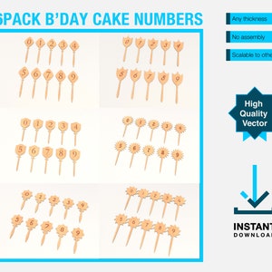 May include: A set of 6 pack birthday cake numbers, with three different styles: classic, tulip, and star. The numbers are made of wood and are ready to be used for a birthday party. The numbers are scalable to other sizes and can be used for any thickness.