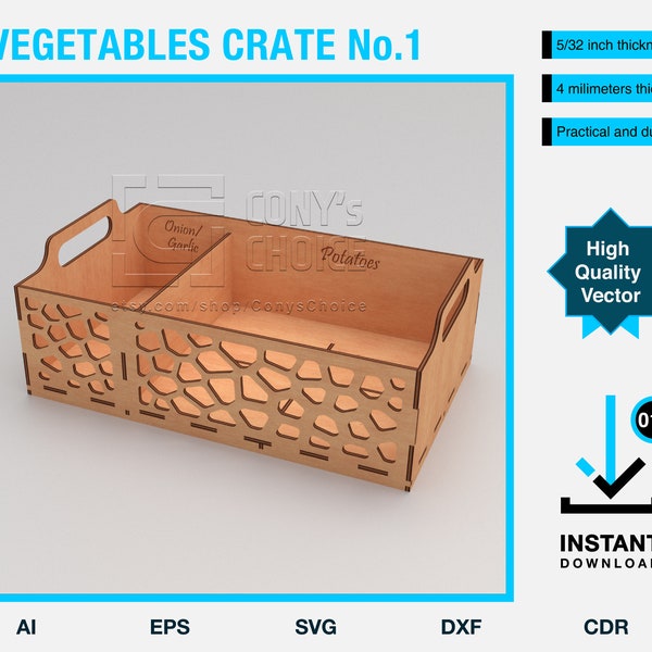 Vegetables crate vector project - CNC files for laser cutter - 8x14x6" box - rustic fruit&legumes tray - SVG files for download - wooden box