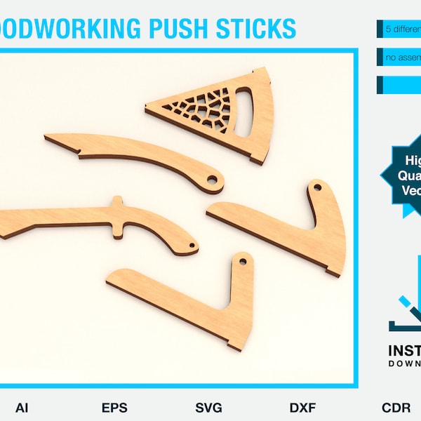 Push stick for woodworking - 5 different designs - laser cutting template for carpentry - svg files