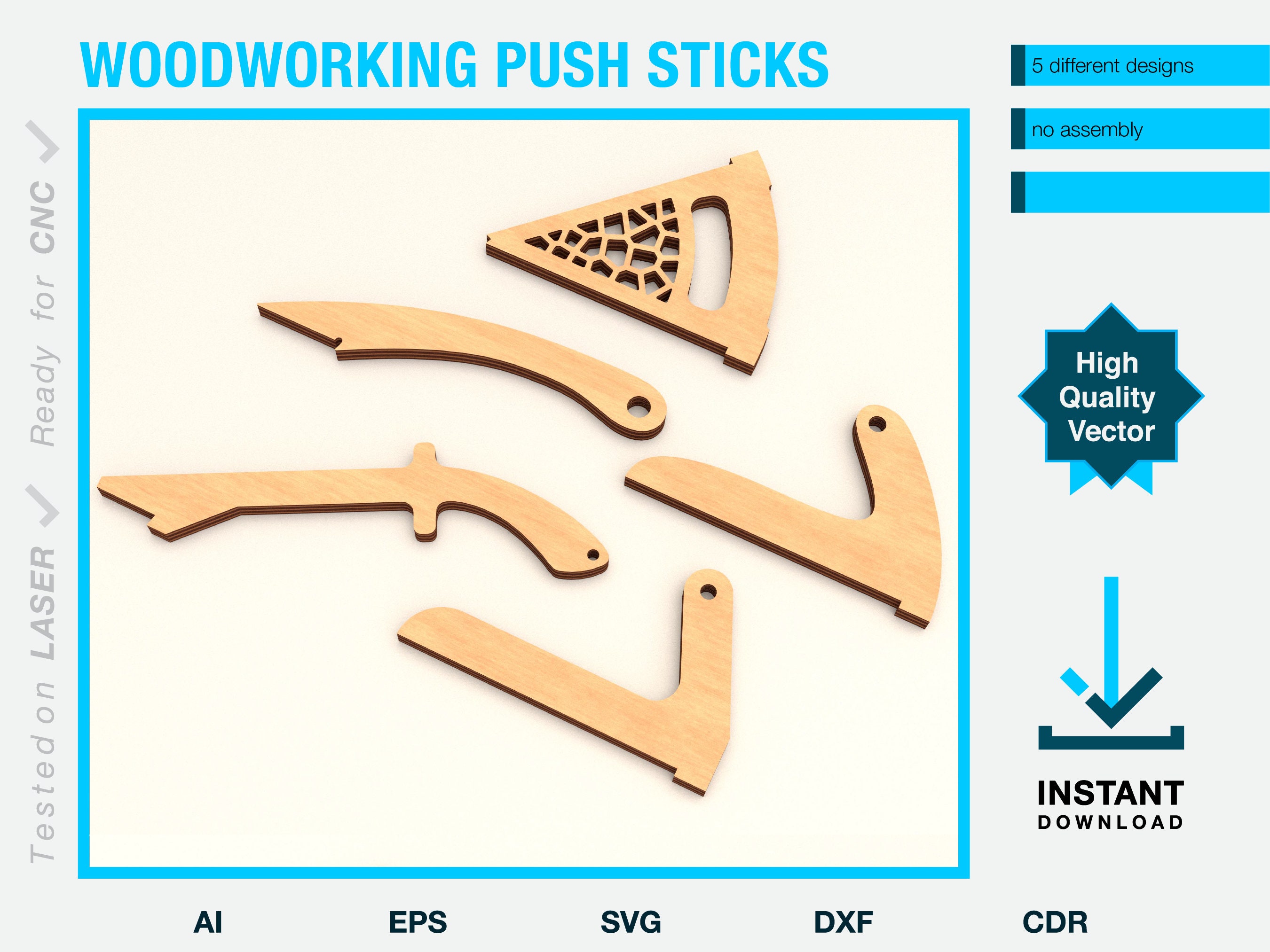 Push Stick for Woodworking 5 Different Designs Laser Cutting Template Push Stick for Woodworking 5 Different Designs Laser Cutting Template