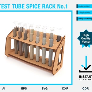 May include: A wooden test tube spice rack with 15 spice slots. The rack holds clear glass test tubes filled with various colored spices. The text "TEST TUBE SPICE RACK No.1" is at the top. The design is ready for laser cutting.