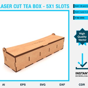 Puede incluir: Una caja de té cortada con láser con cinco ranuras para bolsitas de té. La caja está hecha de madera y tiene un acabado natural. La caja está lista para ensamblarse y está disponible en 1/8 y 5/32 pulgadas, así como en 3 y 4 milímetros.