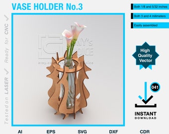 Vase holder vector CNC project - svg, cdr, dxf files for laser cutter, holder for plastic bottle, digital vector art, plywood and plexiglass