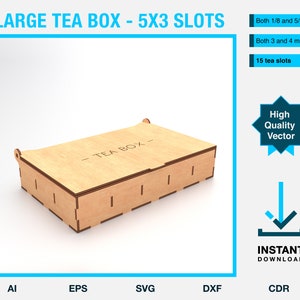 Puede incluir: Una caja de té de madera con tapa y 15 ranuras para bolsitas de té. La caja está etiquetada como "TEA BOX" y está lista para ser cortada en una cortadora láser o una máquina CNC. La caja mide 5 pulgadas por 3 pulgadas y está disponible en 1/8 y 5/32 pulgadas.
