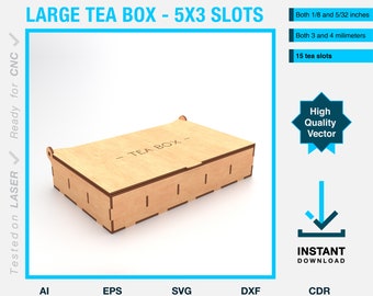 Tea box organizer vector file - laser cut project template - 15 slots large size, wooden tea box