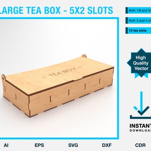 Op de afbeelding: Een lichtgekleurde houten theedoos met de tekst "TEA BOX" op het deksel. De doos heeft 10 theesleuven en is ontworpen voor lasersnijden. De doos heeft 5x2 sleuven en is klaar voor CNC. De doos is ontworpen voor 3 en 4 millimeter.