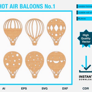 Op de afbeelding: Zes verschillende ontwerpen voor heteluchtballon wandkunst, klaar om te worden gesneden met een laser of CNC-machine. De ontwerpen omvatten een ballon met strepen, een ballon met diamanten, een ballon met stippen en een ballon met een smiley. De ontwerpen zijn schaalbaar en kunnen in verschillende diktes worden gemaakt.